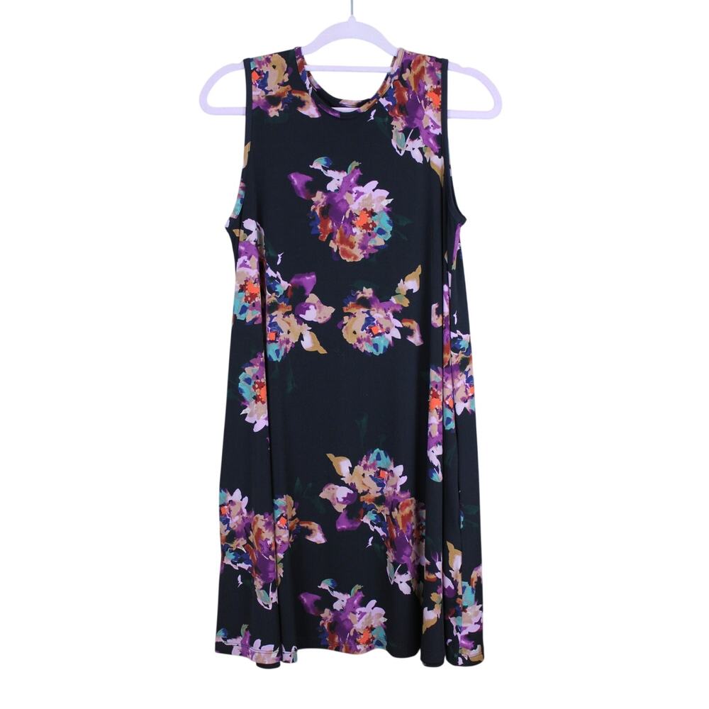 Nicole Miller Black w/ Florals Stretchy Sleeveless A-line To Knee Dress Size M